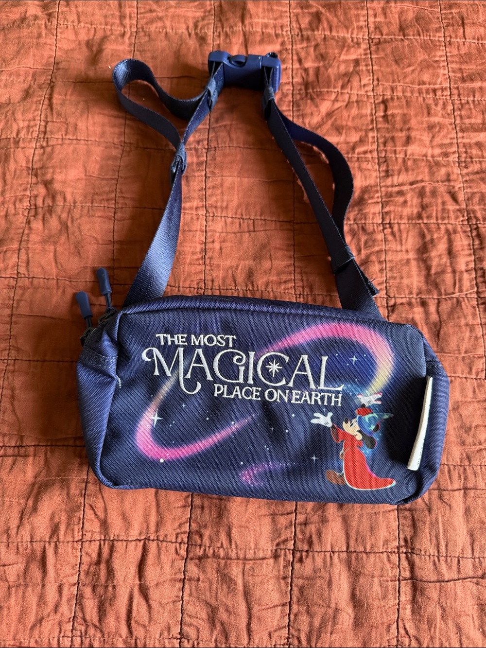 Disney Navy Crossbody Bag with Sorcerer Mickey and Pink Space Swirl